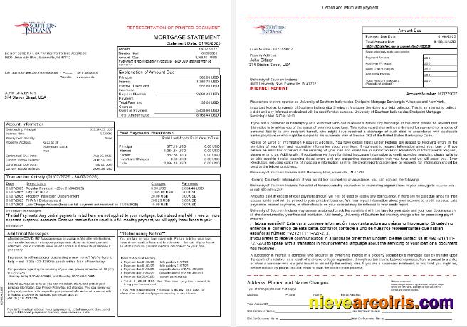 USA University of Southern Indianna account mortgage statement, 3 pages 1-2
